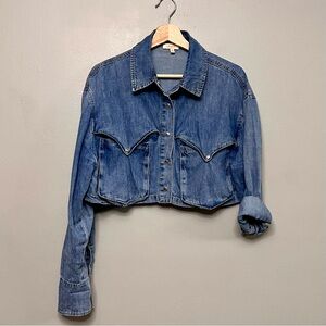 Apeach Women’s Cropped Denim Jacket W/ Large Pockets On The Front Size Medium